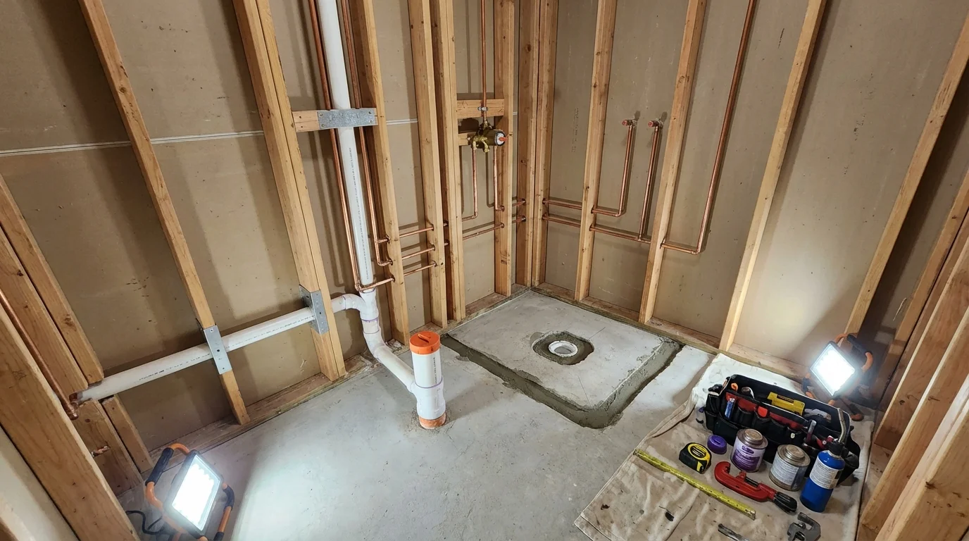 Bathroom rough-in plumbing during remodel by Johns Plumbing LLC in Anton