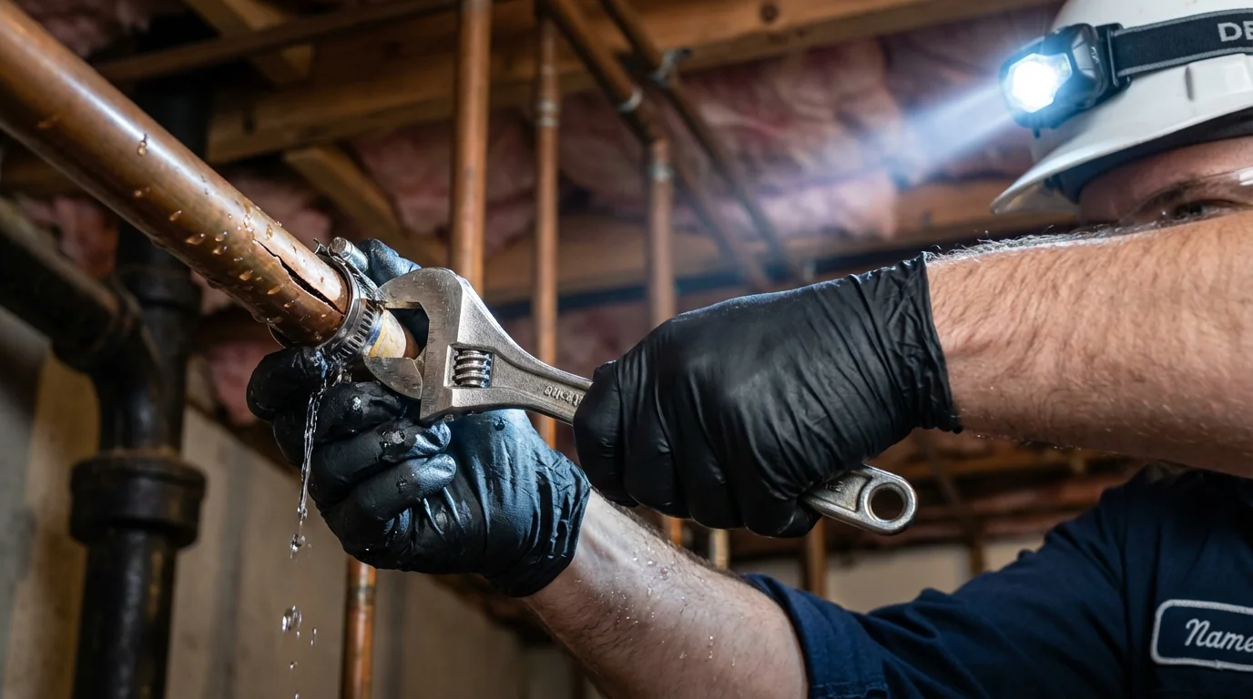 Emergency pipe clamp repair being performed by a Johns Plumbing LLC plumber in Anton