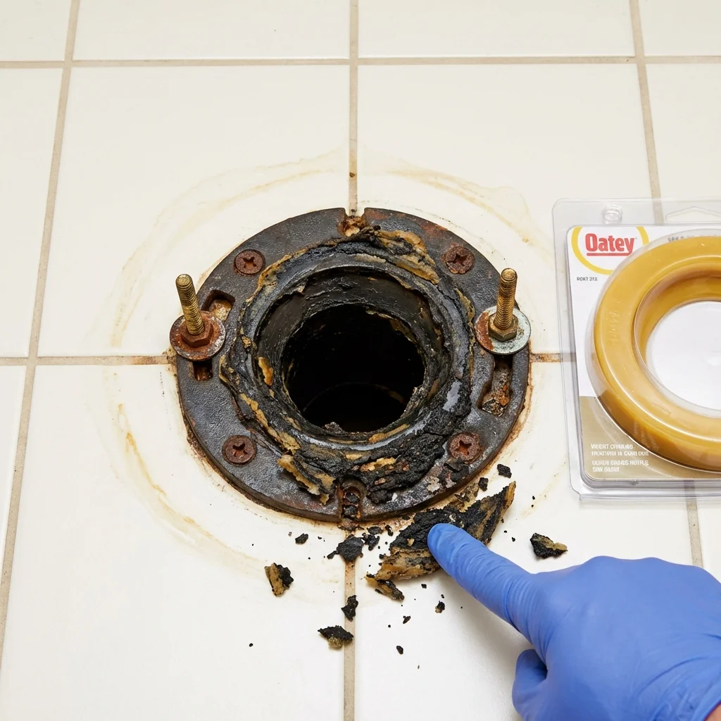 Failed wax ring showing water seepage at the base of a toilet in a Anton, TX home