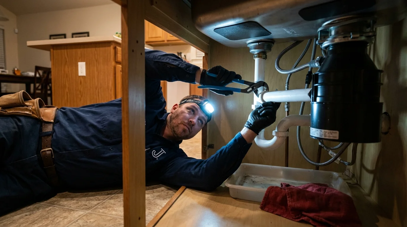 P-trap and supply line connections under a kitchen sink showing a common leak point in Anton, TX